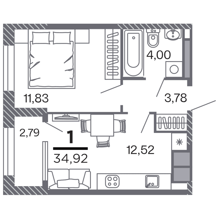 1-комнатная, 34.92 м² — изображение 1