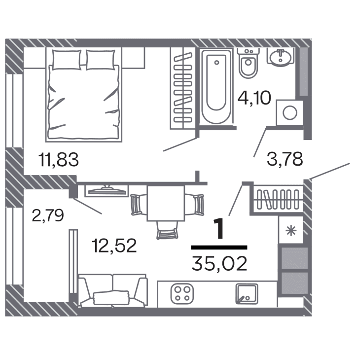 1-комнатная, 35.02 м² — изображение 1