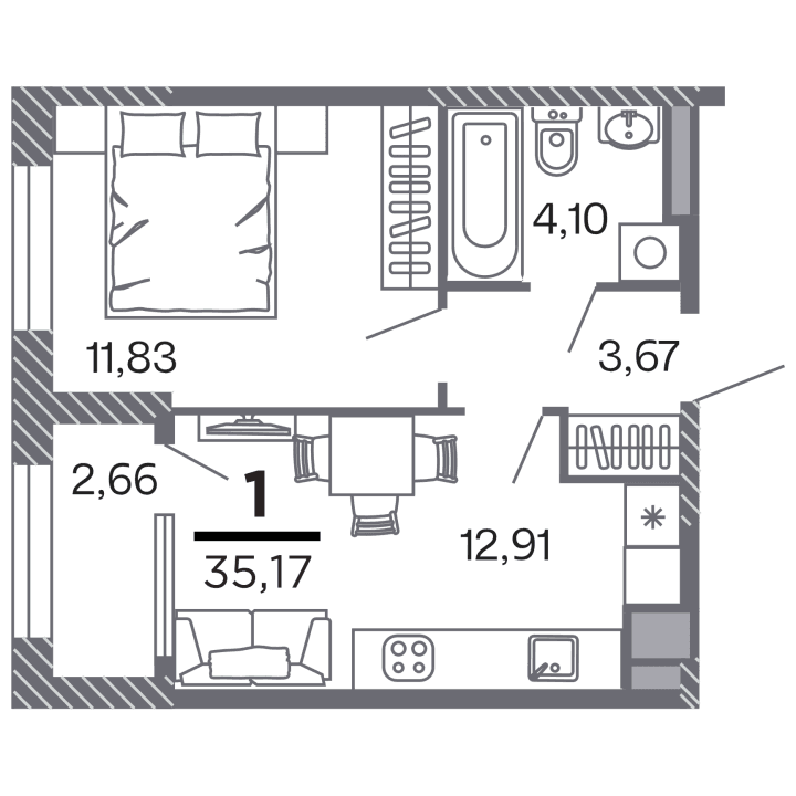 1-комнатная, 35.17 м² — изображение 1