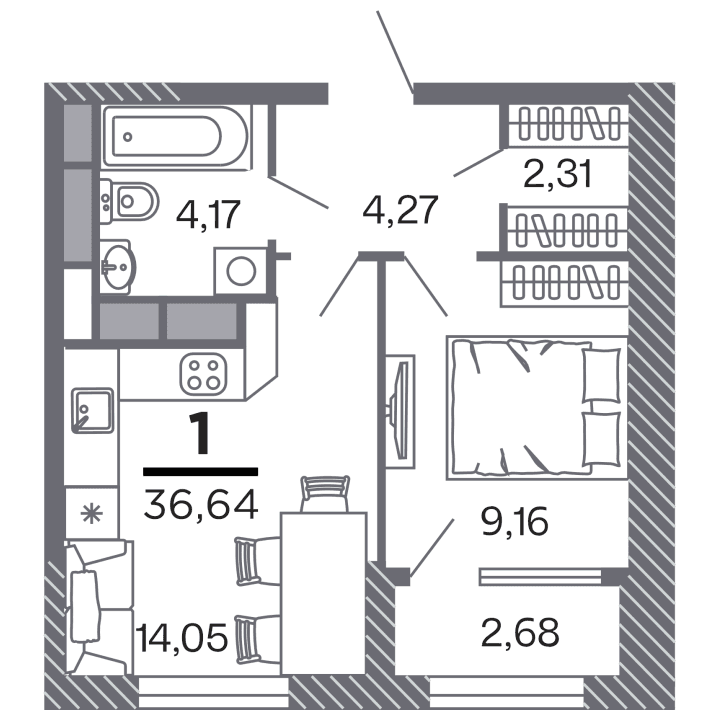 1-комнатная, 36.64 м² — изображение 1