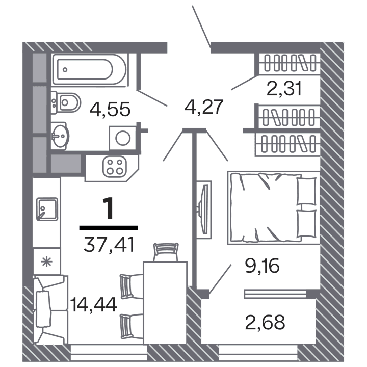 1-комнатная, 37.41 м² — изображение 1