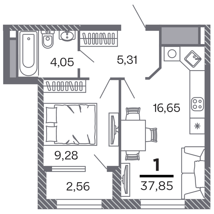 1-комнатная, 37.85 м² — изображение 1
