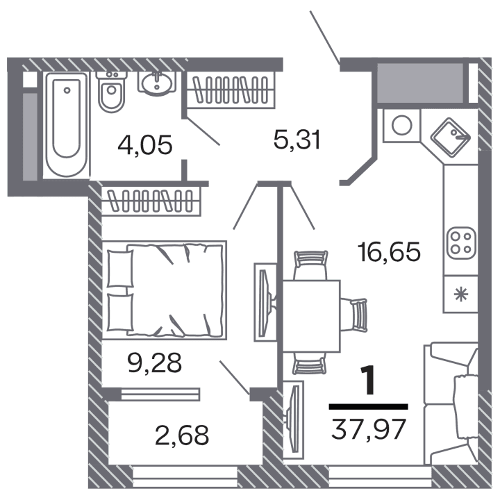 1-комнатная, 37.97 м² — изображение 1