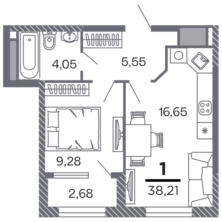 1-комнатная, 38.21 м² — изображение 1