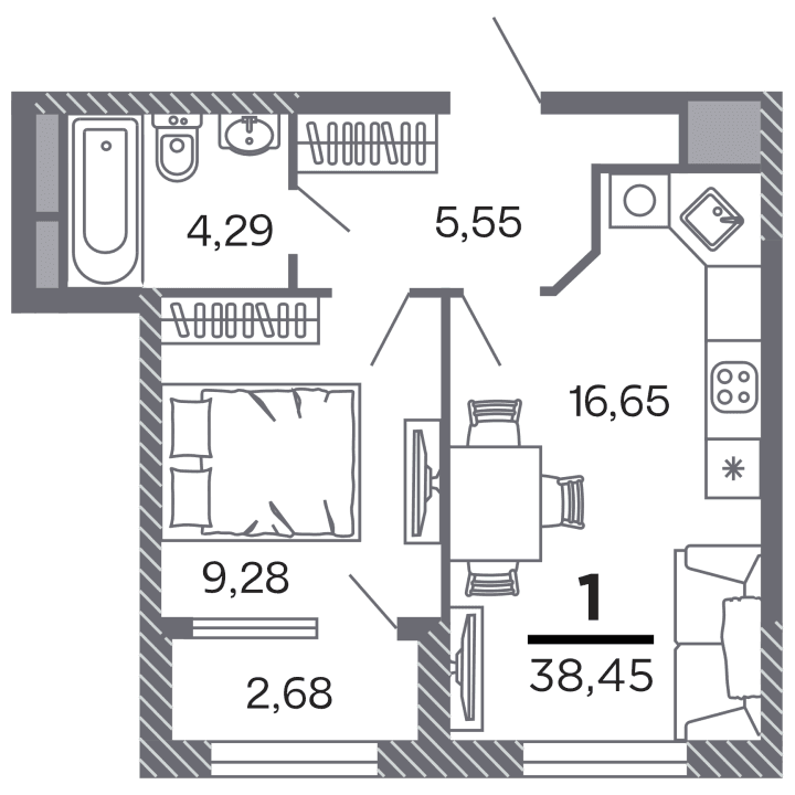 1-комнатная, 38.45 м² — изображение 1