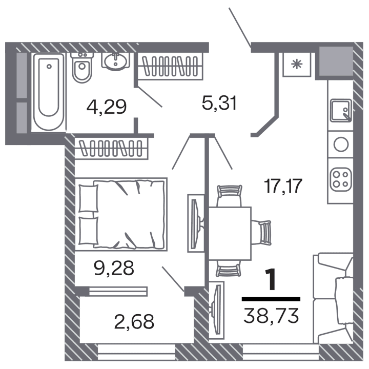 1-комнатная, 38.73 м² — изображение 1