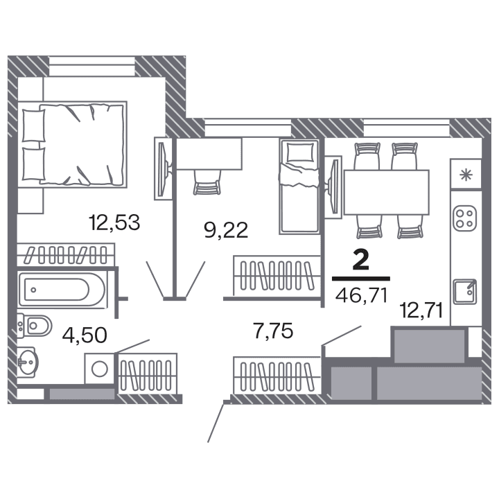 2-комнатная, 46.71 м² — изображение 1