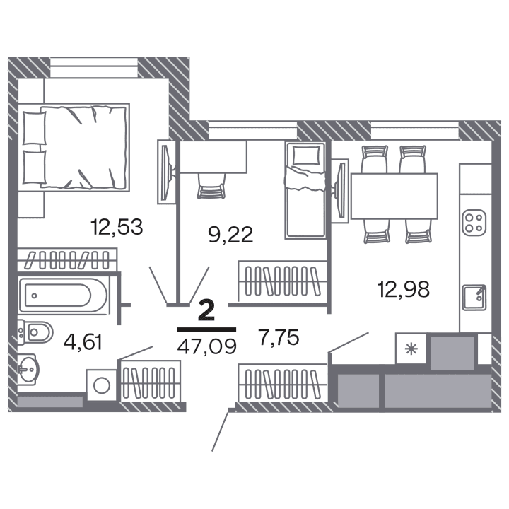 2-комнатная, 47.09 м² — изображение 1