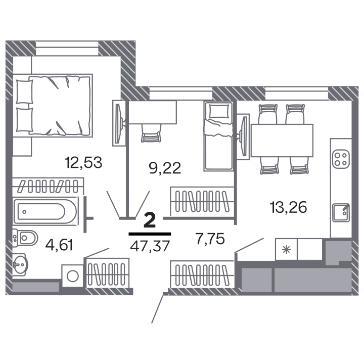 2-комнатная, 47.37 м² — изображение 1