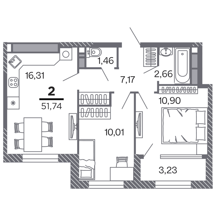 2-комнатная, 51.74 м² — изображение 1