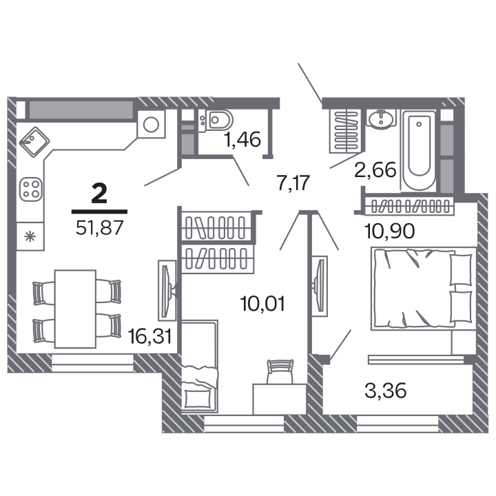 2-комнатная, 51.87 м² — изображение 1