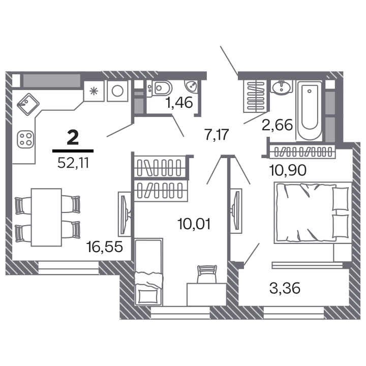 2-комнатная, 52.11 м² — изображение 1