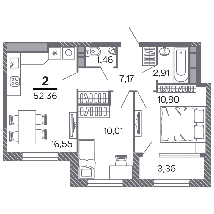 2-комнатная, 52.36 м² — изображение 1