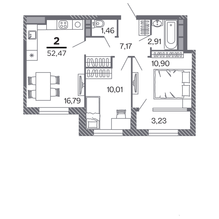 2-комнатная, 52.47 м² — изображение 1