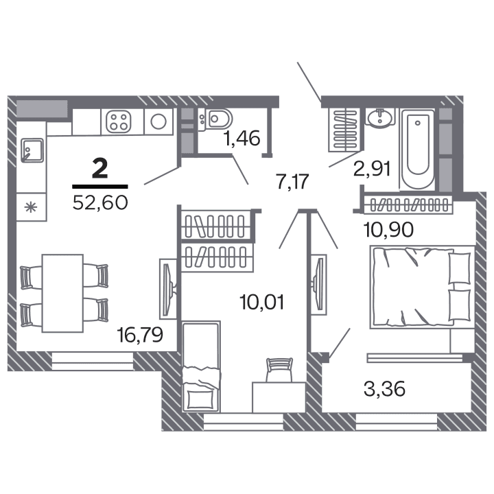 2-комнатная, 52.6 м² — изображение 1