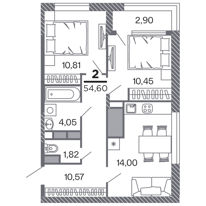 2-комнатная, 54.6 м² — изображение 1
