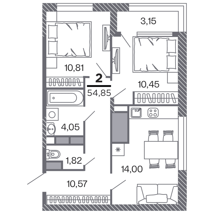 2-комнатная, 54.85 м² — изображение 1