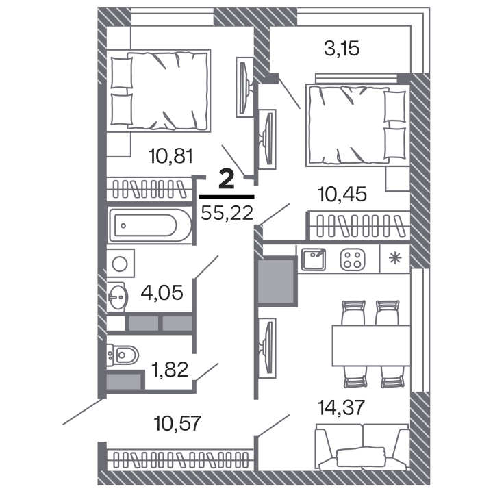 2-комнатная, 55.22 м² — изображение 1