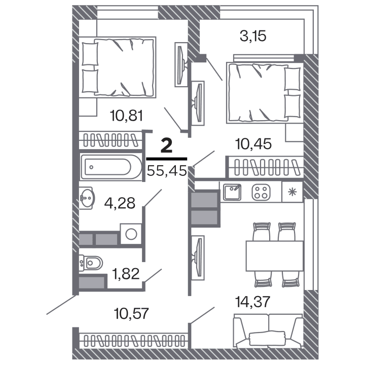 2-комнатная, 55.45 м² — изображение 1