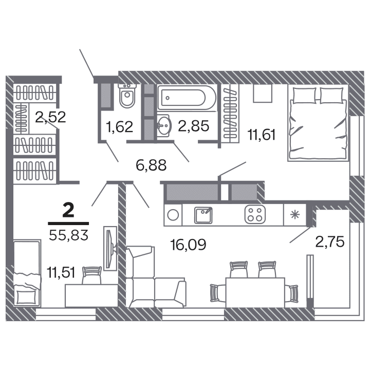 2-комнатная, 55.83 м² — изображение 1