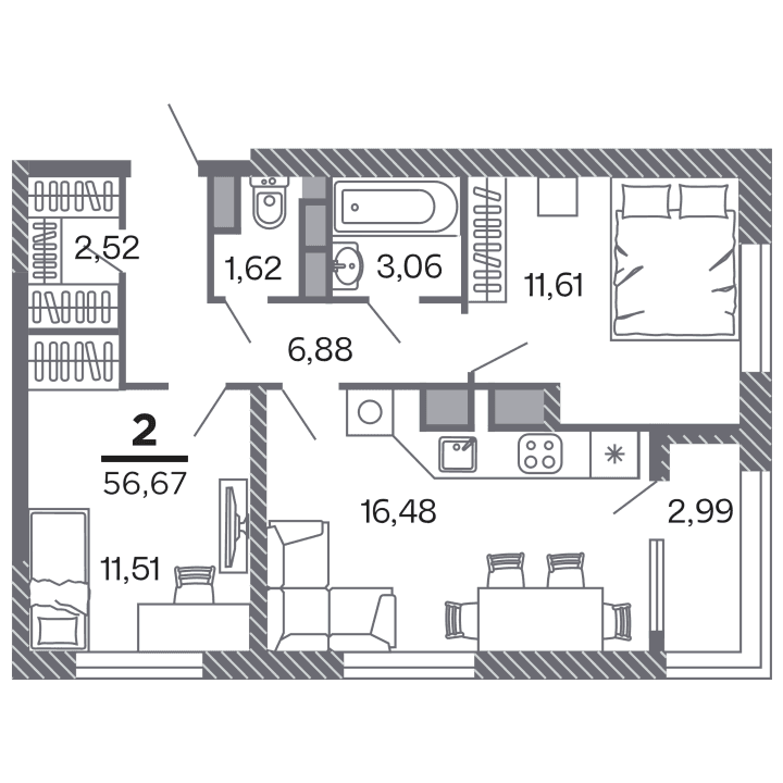 2-комнатная, 56.67 м² — изображение 1