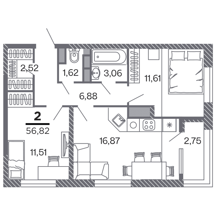 2-комнатная, 56.82 м² — изображение 1