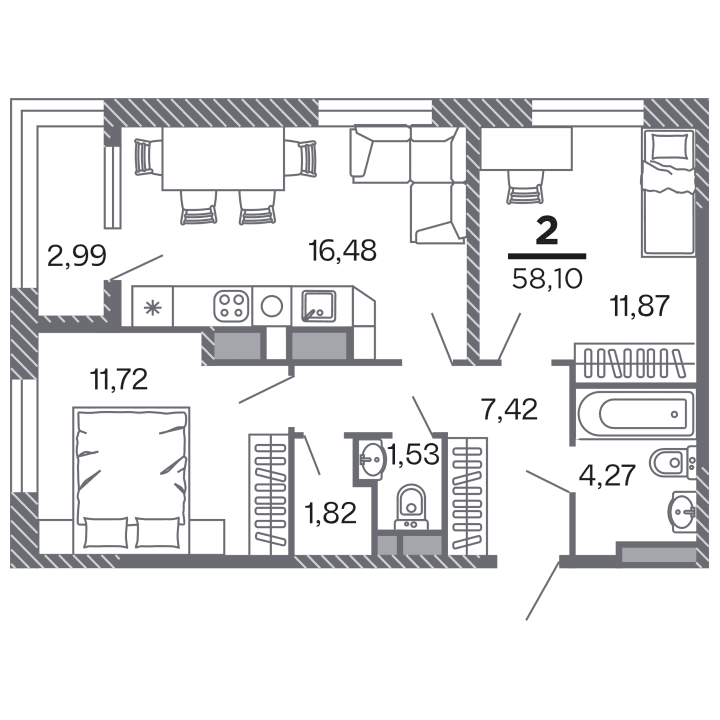 2-комнатная, 58.1 м² — изображение 1