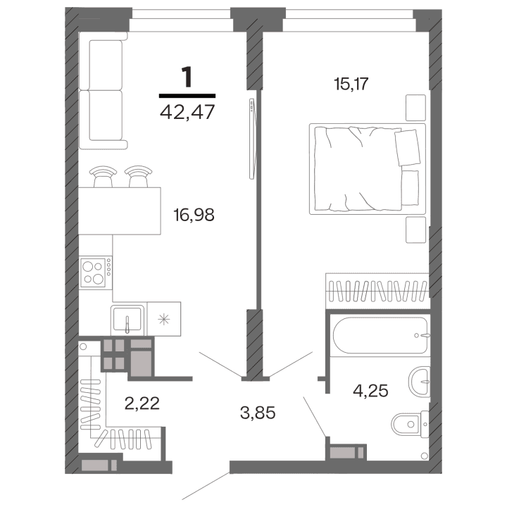 1-комнатная, 42.47 м² — изображение 1
