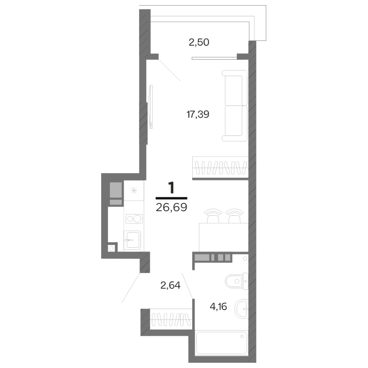 1-комнатная, 26.69 м² — изображение 1