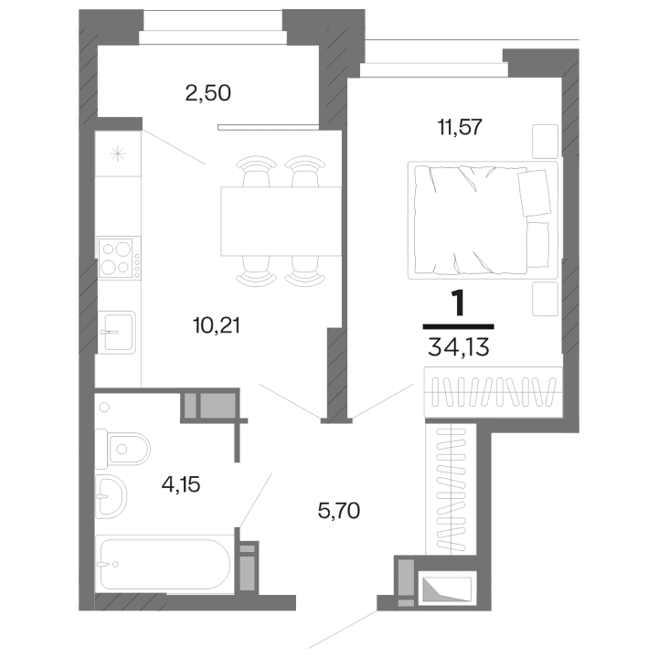 1-комнатная, 34.13 м² — изображение 1