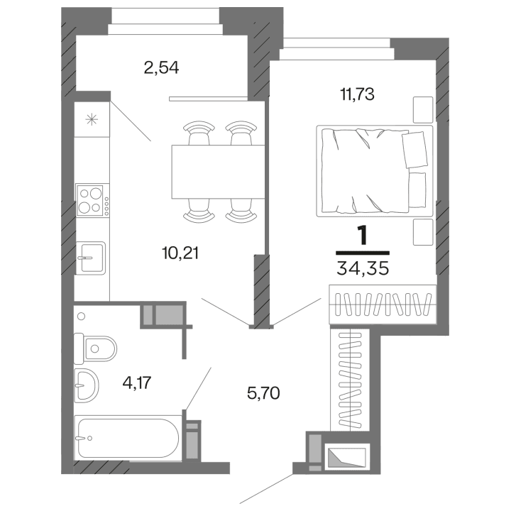 1-комнатная, 34.35 м² — изображение 1