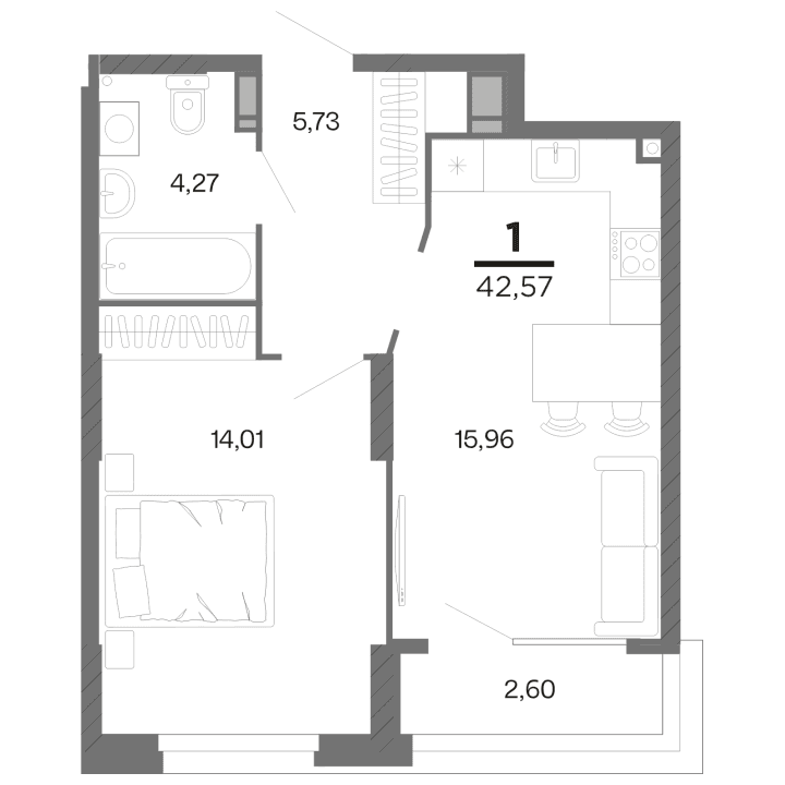 1-комнатная, 42.57 м² — изображение 1