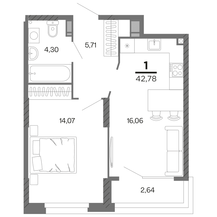 1-комнатная, 42.78 м² — изображение 1