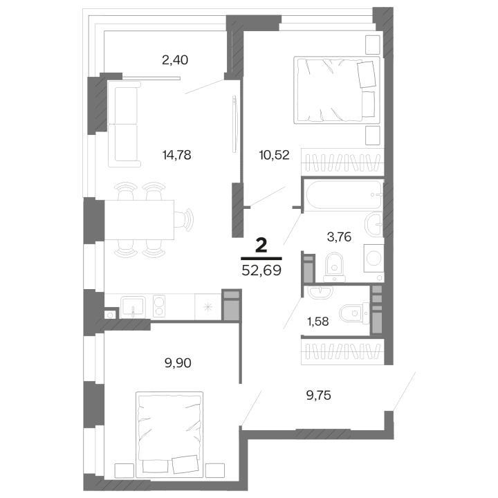 2-комнатная, 52.69 м² — изображение 1