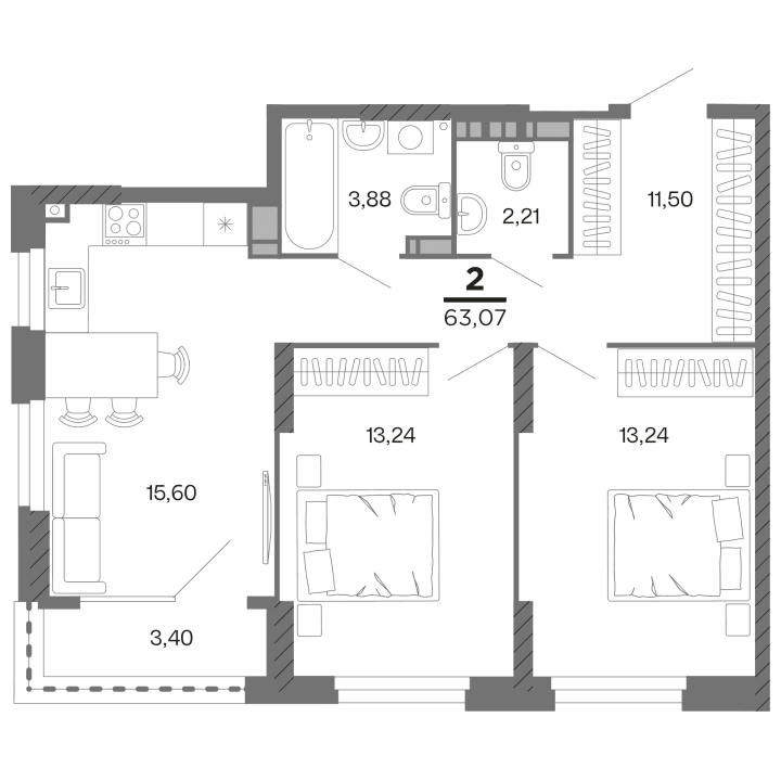 2-комнатная, 63.07 м² — изображение 1