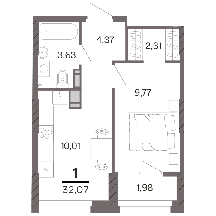 1-комнатная, 32.07 м² — изображение 1