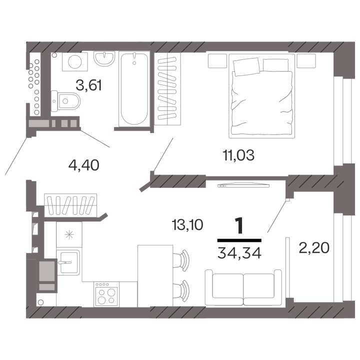 1-комнатная, 34.34 м² — изображение 1