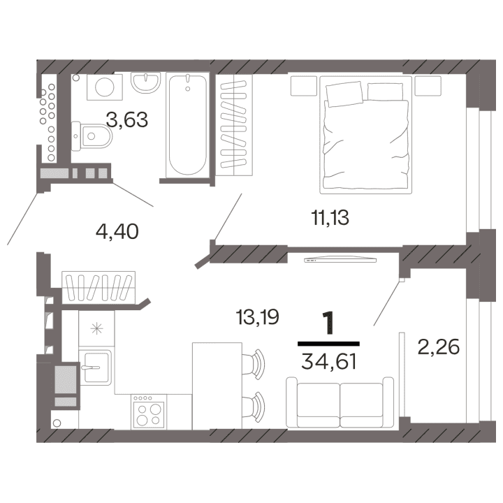 1-комнатная, 34.61 м² — изображение 1