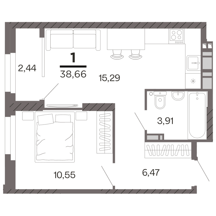 1-комнатная, 38.66 м² — изображение 1