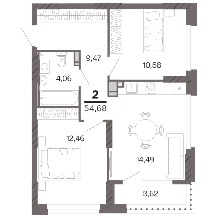 2-комнатная, 54.68 м² — изображение 1