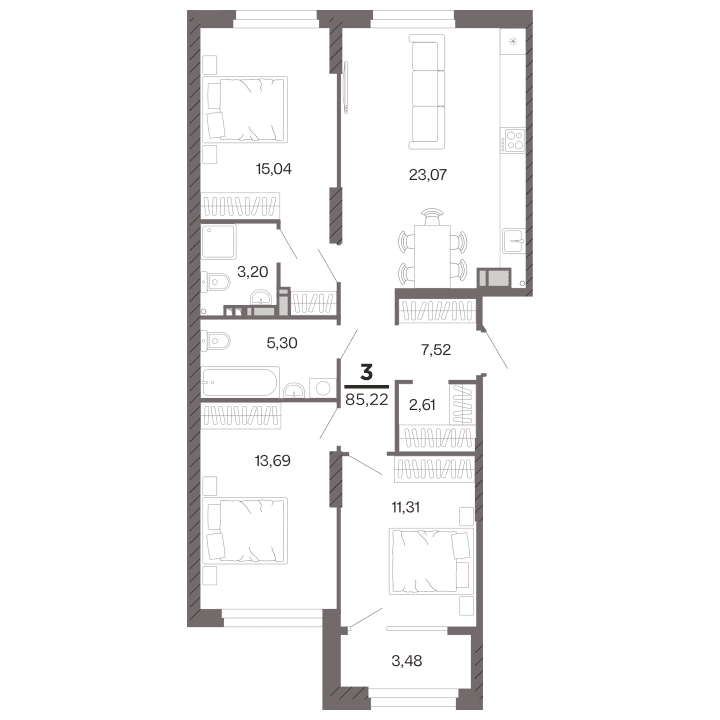 3-комнатная, 85.22 м² — изображение 1