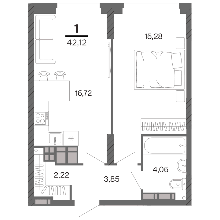 1-комнатная, 42.12 м² — изображение 1