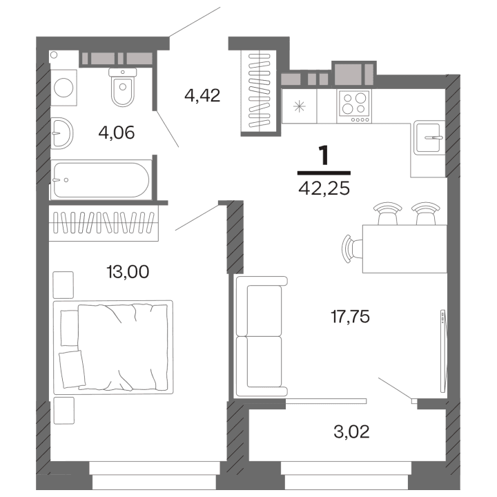 1-комнатная, 42.25 м² — изображение 1