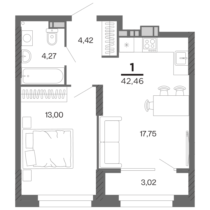 1-комнатная, 42.46 м² — изображение 1