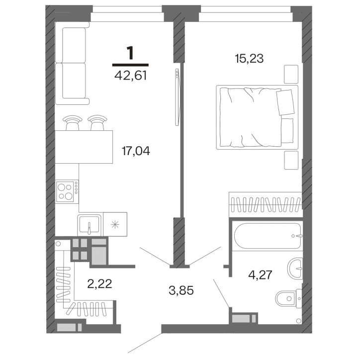 1-комнатная, 42.61 м² — изображение 1