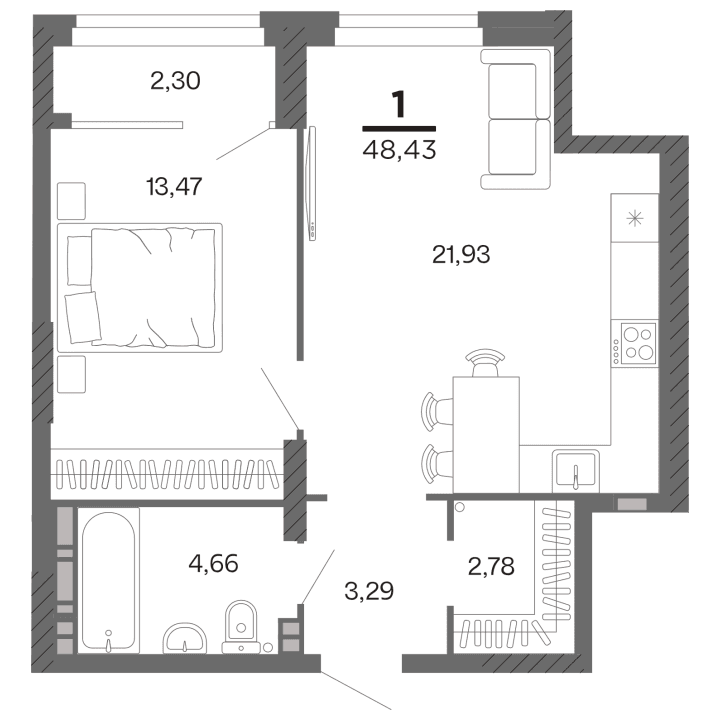 1-комнатная, 48.43 м² — изображение 1