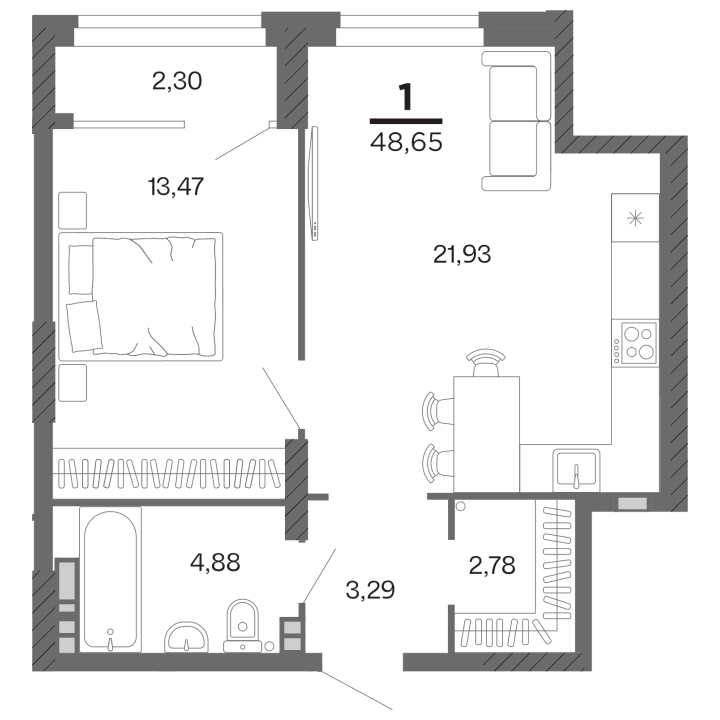 1-комнатная, 48.65 м² — изображение 1