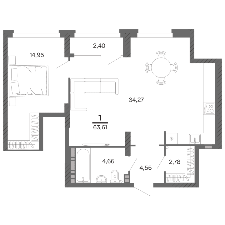 1-комнатная, 63.61 м² — изображение 1