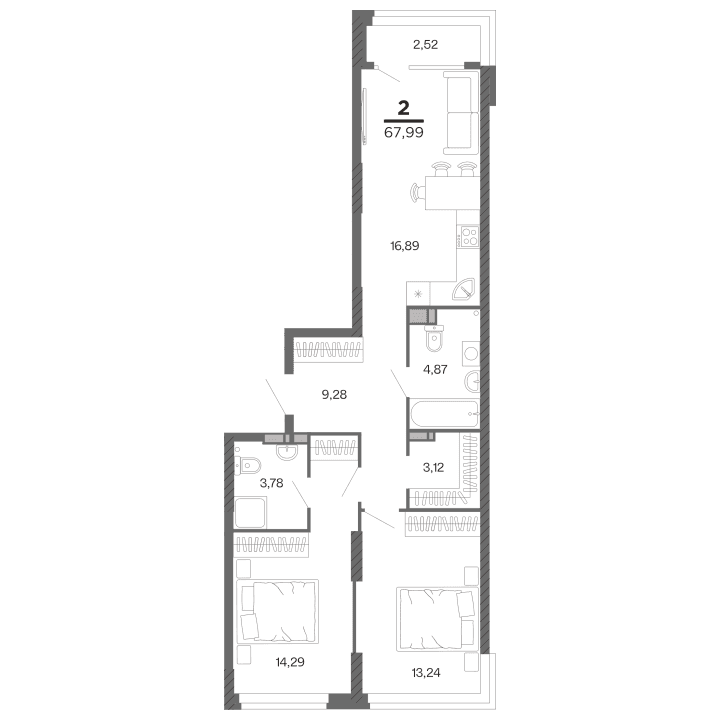 2-комнатная, 67.99 м² — изображение 1