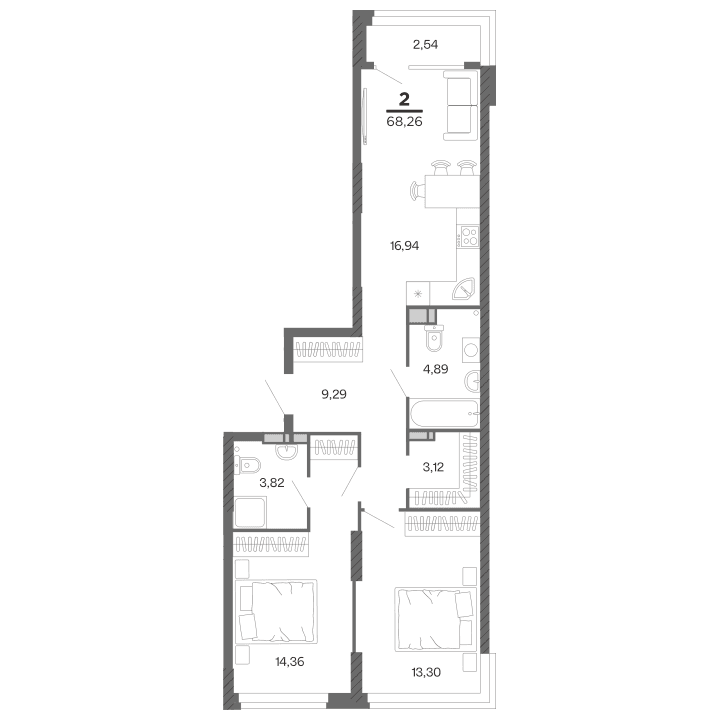 2-комнатная, 68.26 м² — изображение 1